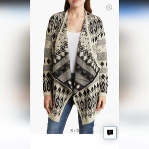 LUCKY BRAND Allover Jacquard Drape Knit Cardigan. Size Medium. Black/Cream EUC